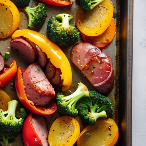 Sheet Pan Sausage and Veggies on baking sheet.