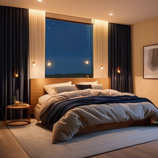 Cozy bedroom with lighting that isn't harsh.