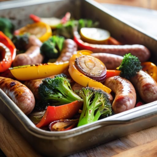 Sheet Pan Sausage and Veggies on tray.