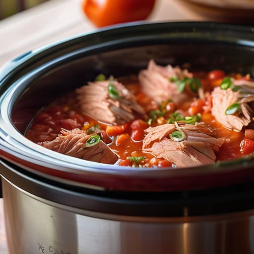 Easy Dump-and-Go Salsa Chicken in crockpot.