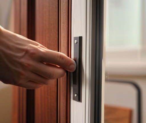 Person weatherstripping a door for energy efficiency.